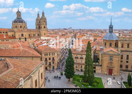 Spanien, Kastilien und León, Salamanca, Bühne auf der Via de la Plata, spanische Pilgerroute nach Santiago de Compostela, die Altstadt, die zum UNESCO-Weltkulturerbe gehört, Plaza de Anaya vom Dach der Kathedrale aus gesehen Stockfoto