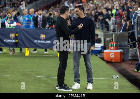 Barcelona, Spanien. 10. April 2023. BARCELONA, SPANIEN – 10. APRIL: Xavi Hernandez vom FC Barcelona und Michel vom FC Girona während des Spiels La Liga zwischen dem FC Barcelona und dem FC Girona im Spotify Camp Nou am 10. April 2023 in Barcelona, Spanien (Kreditbild: © Gerard Franco/DAX via ZUMA Press Wire) NUR REDAKTIONELLE VERWENDUNG! Nicht für den kommerziellen GEBRAUCH! Stockfoto