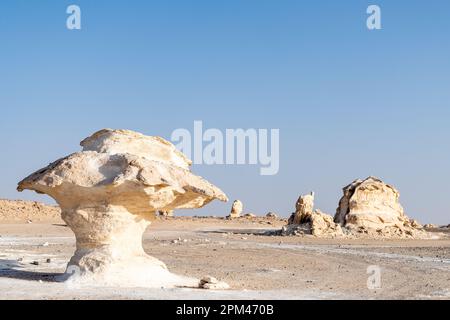 Ein pilzförmiger weißer Felskreide in der weißen Wüste in Bahariya in Ägypten Stockfoto