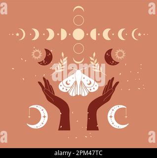Vektordarstellung von Henna mystischen Mudra-Händen, Mond und Sternen. Aztekenstiel, Stammeskunst, ethnische Sammlung, Design isoliert auf beigefarbenem Hintergrund. Stock Vektor