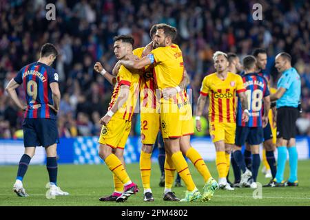 Barcelona, Spanien. 10. April 2023. BARCELONA, SPANIEN - 10. APRIL: Girona-Spieler feiern nach dem Spiel La Liga zwischen dem FC Barcelona und dem FC Girona im Spotify Camp Nou am 10. April 2023 in Barcelona, Spanien (Kreditbild: © Gerard Franco/DAX via ZUMA Press Wire) NUR REDAKTIONELLE VERWENDUNG! Nicht für den kommerziellen GEBRAUCH! Stockfoto