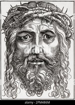 Nach dem Werk von Albrecht Dürer von 1471 bis 1528, manchmal in englischer Sprache als Dürer geschrieben, krönte sich der Kopf Christi mit Dornen. Deutscher Maler, Druckmacher und Theoretiker der deutschen Renaissance. Aus Albrecht Dürer, sein Leben und eine Auswahl seiner Werke, veröffentlicht 1928. Stockfoto