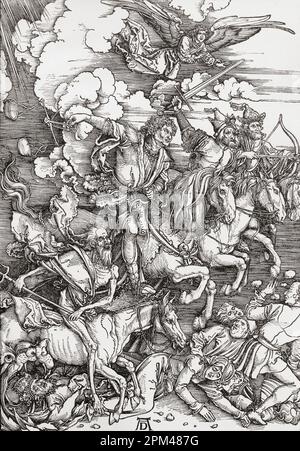 Die vier Reiter der Apokalypse, nach dem Werk von Albrecht Dürer, 1471-1528, manchmal in Englisch als Dürer geschrieben. Deutscher Maler, Druckmacher und Theoretiker der deutschen Renaissance. Aus Albrecht Dürer, sein Leben und eine Auswahl seiner Werke, veröffentlicht 1928. Stockfoto