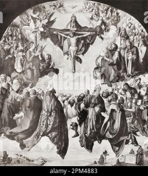 Die Adoration der Dreifaltigkeit, nach dem Werk von Albrecht Dürer , 1471-1528, manchmal in Englisch als Durer geschrieben. Deutscher Maler, Druckmacher und Theoretiker der deutschen Renaissance. Aus Albrecht Dürer, sein Leben und eine Auswahl seiner Werke, veröffentlicht 1928. Stockfoto