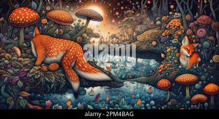 Trippy Dreamscape: Psychedelische Bilder in surrealistischen Gemälden erforschen Stockfoto