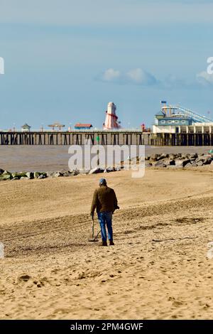 Metalldetektorist, der den Strand in Clacton auf See durchsucht, Stockfoto