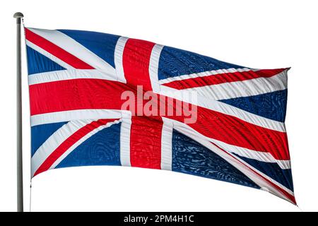 Britische Flagge auf einem Stab, der im Wind schwimmt, isoliert auf weißem Hintergrund Stockfoto