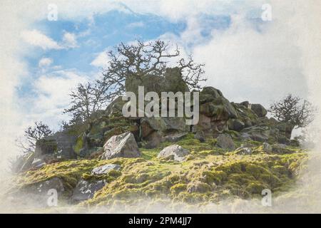 Digitale Aquarellmalerei der Felsformation Robin Hood's Stride Limestone Way in den Derbyshire Dales, Peak District National Park, Großbritannien. Stockfoto