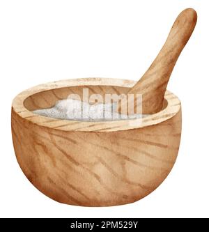 Holzmörtel und Stößel. Aquarell handgezeichnete Darstellung von Bowl für Spa-Therapie und alternativmedizinischem Design auf isoliertem Hintergrund. Zeichnung eines traditionellen Gegenstandes für die Alchemie oder Aromatherapie. Stockfoto