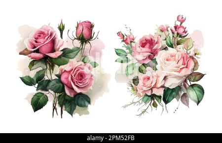 Aquarell rosa Rosenblumen. Set mit Blumenzweig. Blume, rosa Rose, grüne Blätter. Hochzeitskonzept mit Blumen. Blumenposter, einladen. Vektor. Stock Vektor