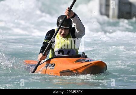 Waltham Cross. Vereinigtes Königreich. 10. April 2023 Britische Kanusport-GB-Auswahlrennen. Lee Valley White Water Centre. Waltham Cross. William Mayer im Kajak für Männer während der britischen Kanu-GB-Auswahlrennen im Lee Valley White Water Centre, Großbritannien. Stockfoto