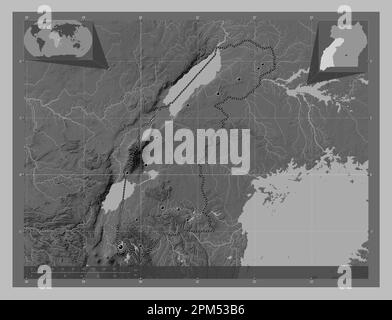 West, Region Uganda. Grauskala-Höhenkarte mit Seen und Flüssen. Standorte der wichtigsten Städte der Region. Eckkarten für zusätzliche Standorte Stockfoto