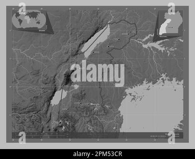 West, Region Uganda. Grauskala-Höhenkarte mit Seen und Flüssen. Standorte und Namen der wichtigsten Städte der Region. Lage der Zusatzgeräte an der Ecke Stockfoto