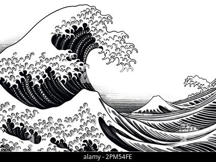 Eine orientalische japanische große Welle im Retro-Gravurstil 10 Stock Vektor