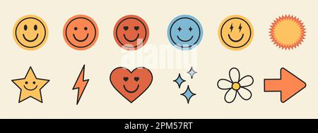 Coole Retro Stickers Kollektion. Ein Set lustiger Emoticons. Pop-Art-Elemente. Vektordarstellung Stock Vektor