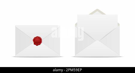 Vector Realistic White geschlossener Umschlag mit roter Wachsversiegelung und geöffnetem Umschlag mit Letter im Inneren. Symbolgruppe gefalteter und abgewickelter weißer Briefumschlag isoliert Stock Vektor