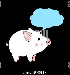 Abbildung eines süßen Schweines mit Sprechblase auf schwarzem Hintergrund. Vektordarstellung Stock Vektor