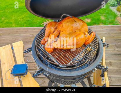 Die Türkei bereitet sich im Kamado-Grill über heißer Holzkohle auf der Gartenterrasse für die Barbecue-Party vor. Marinierter und ausgestopfter truthahn. Kochen im Freien. Schließen Stockfoto