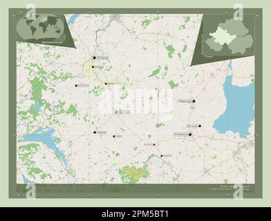 Tyrone, Region Nordirland. Straßenkarte Öffnen. Standorte und Namen der wichtigsten Städte der Region. Eckkarten für zusätzliche Standorte Stockfoto