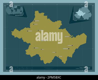 Tyrone, Region Nordirland. Durchgehende Farbform. Standorte und Namen der wichtigsten Städte der Region. Eckkarten für zusätzliche Standorte Stockfoto