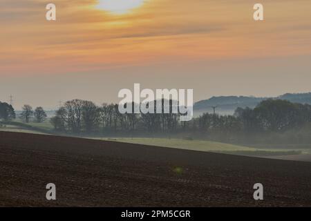 Landschaftsbild eines Sonnenaufgangs mit Feldern und Bäumen vorne und einem schönen orangefarbenen Himmel. Stockfoto