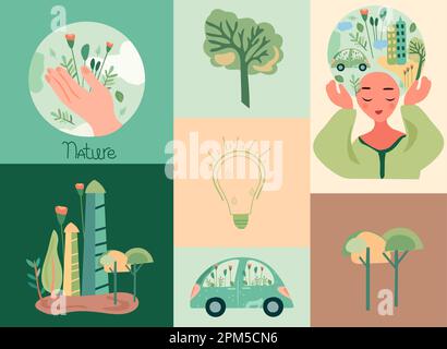 Klimaschutz, Erdschutz, Image mit umweltfreundlichen Bauteilen, Mensch mit Globus, umweltfreundliches Auto, Blätter. Das Thema der globalen Erwärmung. Vektordarstellung Stock Vektor