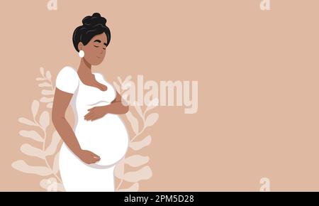 Gesundes Schwangerschaftsbanner. Eine schöne schwangere schwarze Frau umarmt ihren Bauch. Schwangerschafts- und Mutterschaftsbegriff. Gesunde Schwangerschaft. Vector Illustrati Stock Vektor