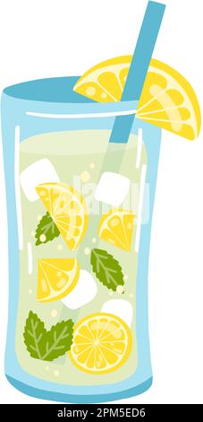 Handgezogenes Glas Limonade mit Zitronenscheiben und Minze. Vektordarstellung eines erfrischenden Getränks, eines frischen, leckeren Sommergetränks Stock Vektor