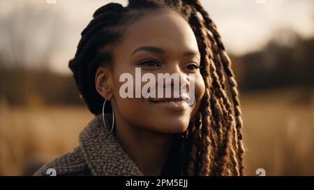 Porträt einer wunderschönen jungen Afro-Frau mit afrikanischen Zöpfen auf Haaren Stockfoto