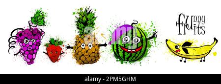 Lustiges Fruchtset. Vektordarstellung Stock Vektor