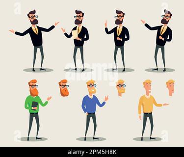 Geschäftsmann-Charakterkonstruktor. Ein Set zum Erstellen von Ikonen von Cartoon-Geschäftsfiguren bärtiger Männer in Vektor Stock Vektor