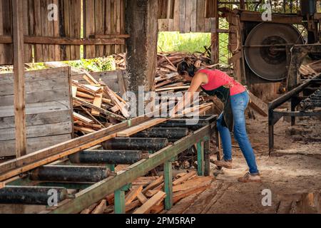 Porträt einer Frau mittleren Alters in einer Schürze, die mit einer Maschine in einem Sägewerk arbeitet. Stockfoto