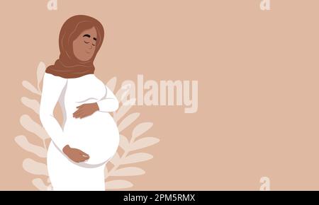 Eine schöne, schwangere Moslem umarmt ihren Bauch. Schwangerschafts- und Mutterschaftsbegriff. Gesunde Schwangerschaft. Gesundes Schwangerschaftsbanner Stock Vektor