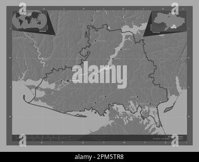 Kherson, Region der Ukraine. Bilevel-Höhenkarte mit Seen und Flüssen. Standorte und Namen der wichtigsten Städte der Region. Lage der Zusatzgeräte an der Ecke Stockfoto