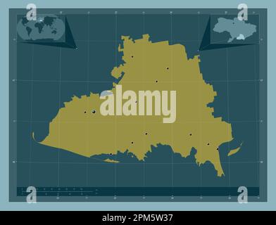 Kherson, Region der Ukraine. Durchgehende Farbform. Standorte der wichtigsten Städte der Region. Eckkarten für zusätzliche Standorte Stockfoto