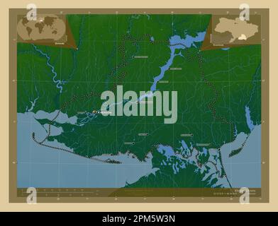 Kherson, Region der Ukraine. Farbige Höhenkarte mit Seen und Flüssen. Standorte und Namen der wichtigsten Städte der Region. Lage der Zusatzgeräte an der Ecke Stockfoto