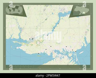 Kherson, Region der Ukraine. Straßenkarte Öffnen. Standorte der wichtigsten Städte der Region. Eckkarten für zusätzliche Standorte Stockfoto