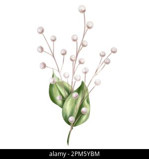 Eine elegante Zusammensetzung aus grünen Blättern und getrockneten dekorativen Blumen im Aquarellstil. Digitale Abbildung auf weißem Hintergrund. Für Einladungen, Stockfoto