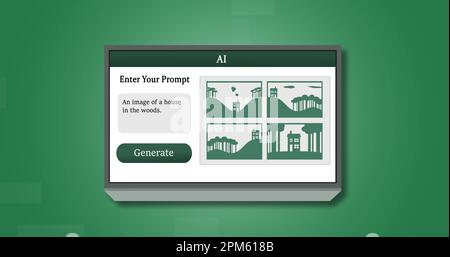 Komposition von ai-Text und Symbolen auf dem Laptop-Bildschirm auf grünem Hintergrund Stockfoto