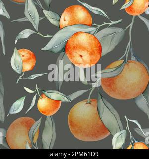 Nahtlose, wässrige Zitrusfrüchte und Blätter. Grüne Blätter und Orangenfrüchte auf grünem Hintergrund. Nahtlose Aquarelle von Mandarinen und Orangen Stockfoto