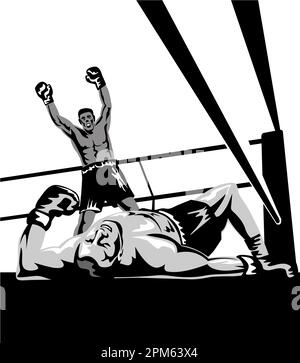 Illustration eines Boxers, der den Sieg mit einem Prizefighter auf der Leinwand feiert, der aus dem niedrigen Winkel auf einem isolierten Hintergrund in Retro-Holzschnitt gesehen wurde Stockfoto