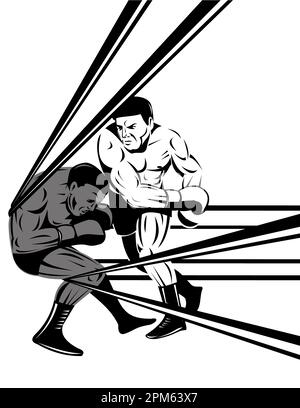 Illustration eines Boxers auf den Seilen mit Prizefighter, der Knockout-Stempel auf isoliertem Hintergrund verbindet, im Retro-Holzschnitt-Stil. Stockfoto