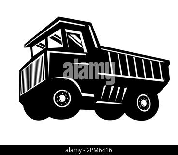 Abbildung eines Transportfahrzeugs oder starren Kipplasters für Bergbau und schwere Bauarbeiten, von der Seite aus gesehen, in schwarz-weißer ret-Ausführung Stockfoto