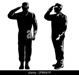 Illustration eines US-Soldaten Militärangehöriger Personensilhouette grüssend von vorne und von der Seite auf isoliertem Hintergrund im Retro-Stil betrachtet Stockfoto