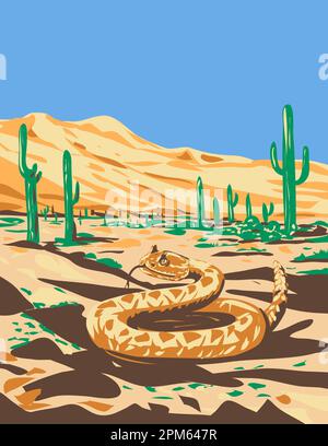 WPA-Posterkunst einer Western Diamondback-Klapperschlange oder Texas Diamond-Back im Sonoran Desert National Monument, Arizona, USA, in Works Pro gemacht Stockfoto
