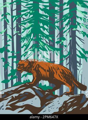 WPA-Posterkunst eines Wolverines oder Glutton, Carcajou oder Quickhatch im Yellowstone-Nationalpark, Wyoming, USA, in der Verwaltung von Bauprojekten. Stockfoto