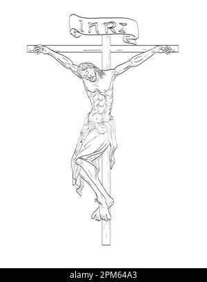 Strichkunstzeichnung von Jesus Christus, der am Kreuz hängt, im mittelalterlichen Stil auf isoliertem Hintergrund in Schwarz und Weiß. Stockfoto