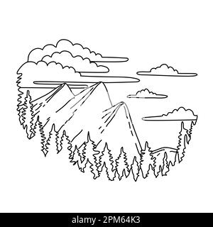 Mono-Linien-Darstellung von Three Brothers, bestehend aus Eagle Peak, Middle und Lower Brothers im Yosemite-Nationalpark, Kalifornien, in Schwarz und Weiß Stockfoto