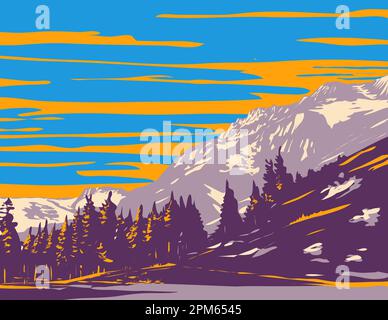 WPA-Posterkunst des Phipps Peak in der Sierra Nevada westlich von Emerald Bay und Lake Tahoe in El Dorado County und der Desolation Wilderness, Kalifornien, U Stockfoto