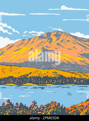 WPA-Plakatkunst des Fallen Leaf Lake im Herbst im El Dorado County, Kalifornien, nahe der kalifornischen Staatsgrenze von Nevada südwestlich von Lake Tahoe, United St. Stockfoto